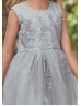 Gray Tulle Floral Applique Flower Girl Dress For Wedding